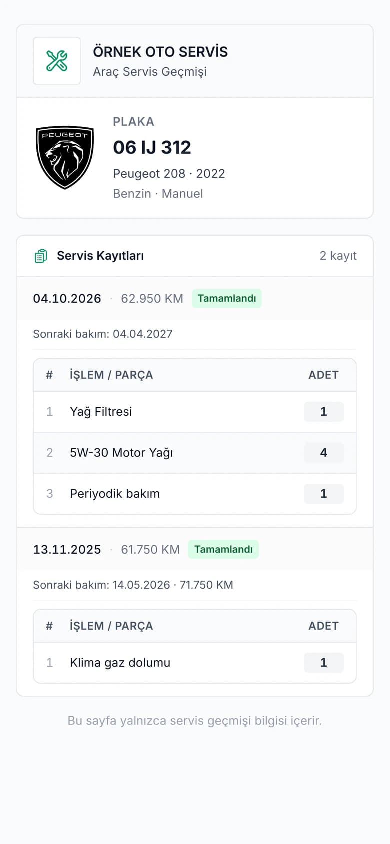 Carzi müşteriye açık araç bakım geçmişi (telefon görünümü)