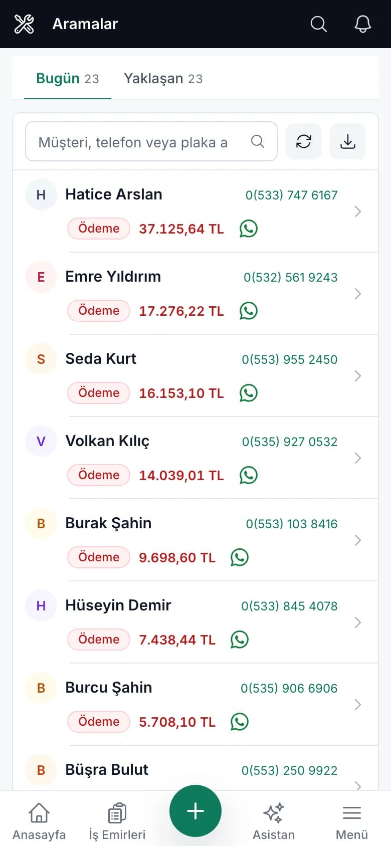 Carzi Aramalar ve Hatırlatmalar ekranı Bugün sekmesinde bakım ve ödeme nedeniyle aranacak müşteriler (telefon görünümü)