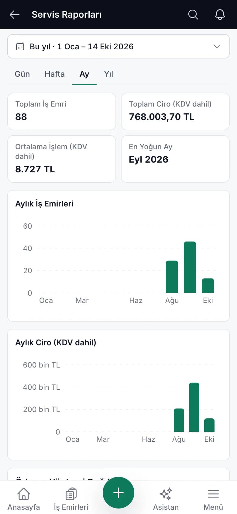 Carzi servis gelirleri ve son servis kayıtları (telefon görünümü)