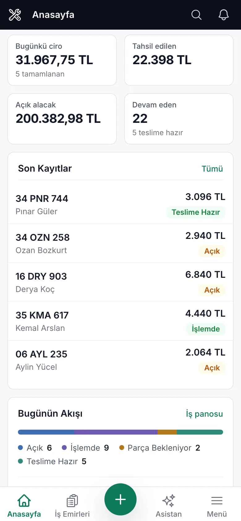 Carzi oto servis programı genel durum paneli (telefon görünümü)
