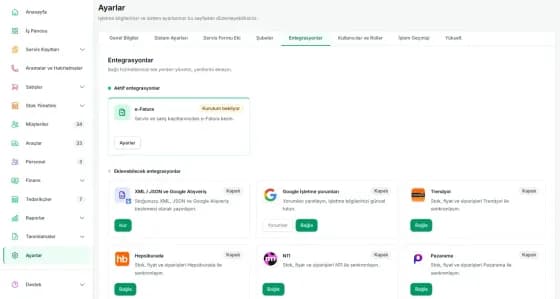Carzi Ayarlar Entegrasyonlar sekmesi: XML/JSON ve Google Alışveriş, Google İşletme yorumları, Trendyol, Hepsiburada, N11 ve Pazarama kartları