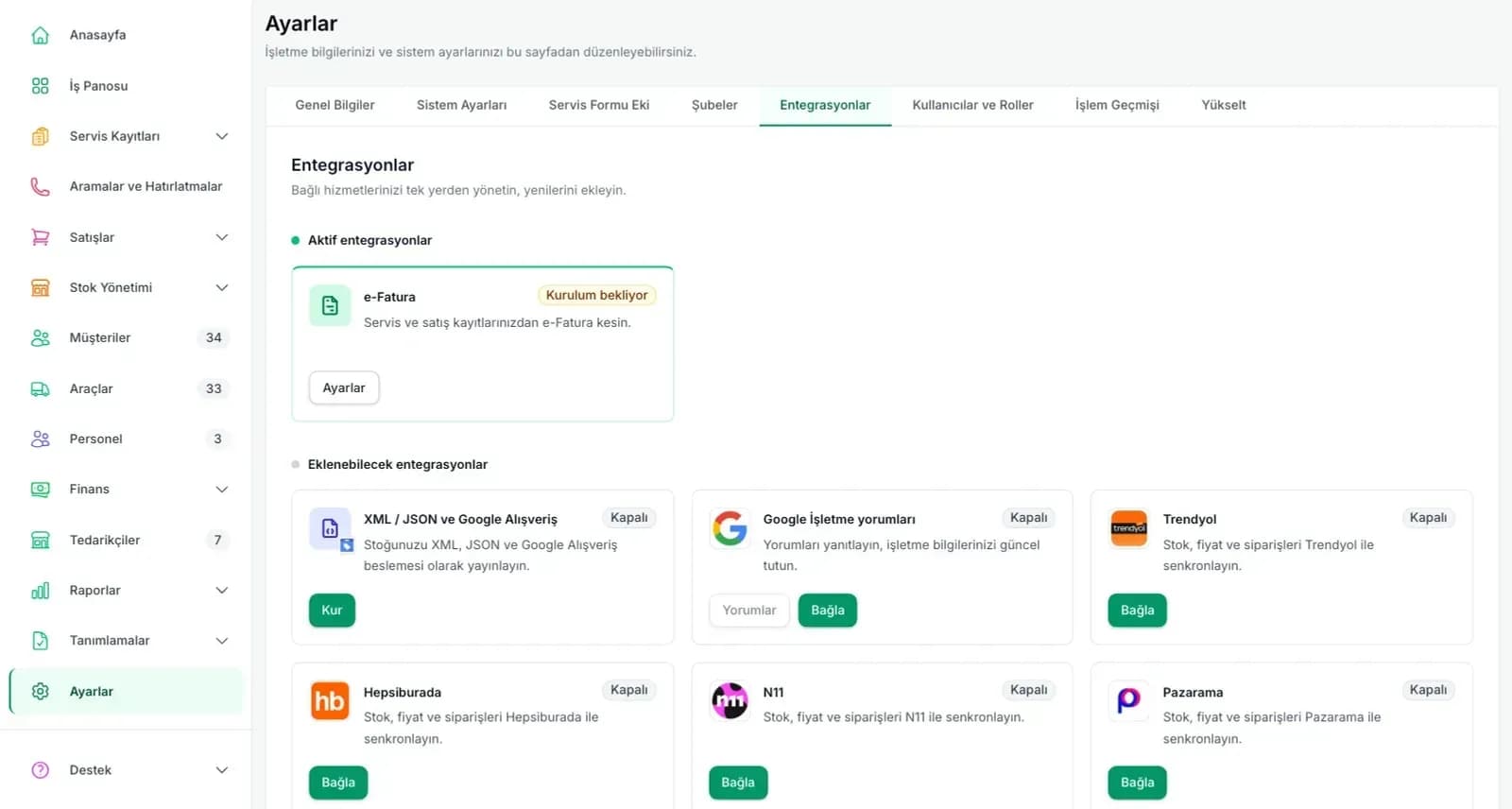 Carzi Ayarlar Entegrasyonlar sekmesi: XML/JSON ve Google Alışveriş, Google İşletme yorumları, Trendyol, Hepsiburada, N11 ve Pazarama kartları
