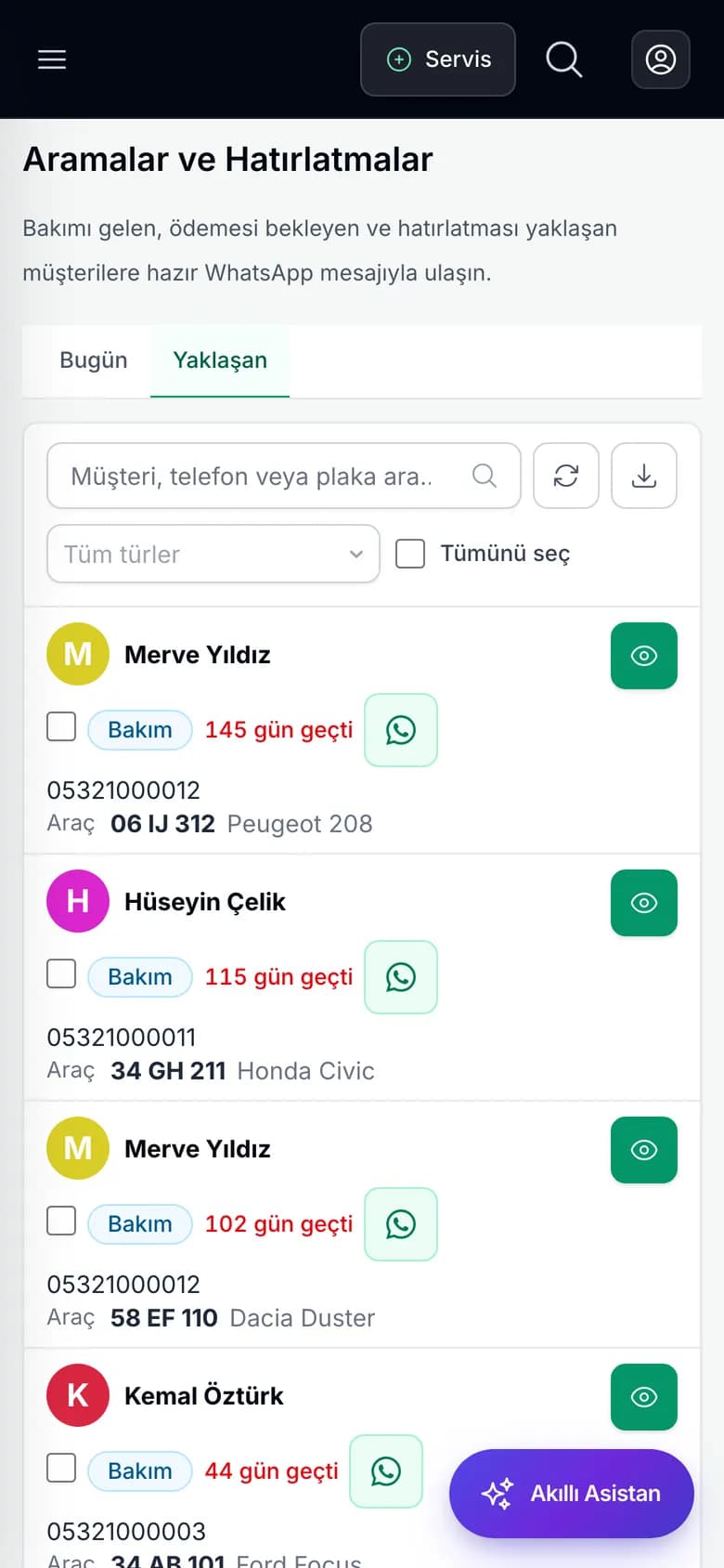 Carzi Aramalar ve Hatırlatmalar ekranı Yaklaşan sekmesinde tür filtresi ve müşteri seçimi (telefon görünümü)