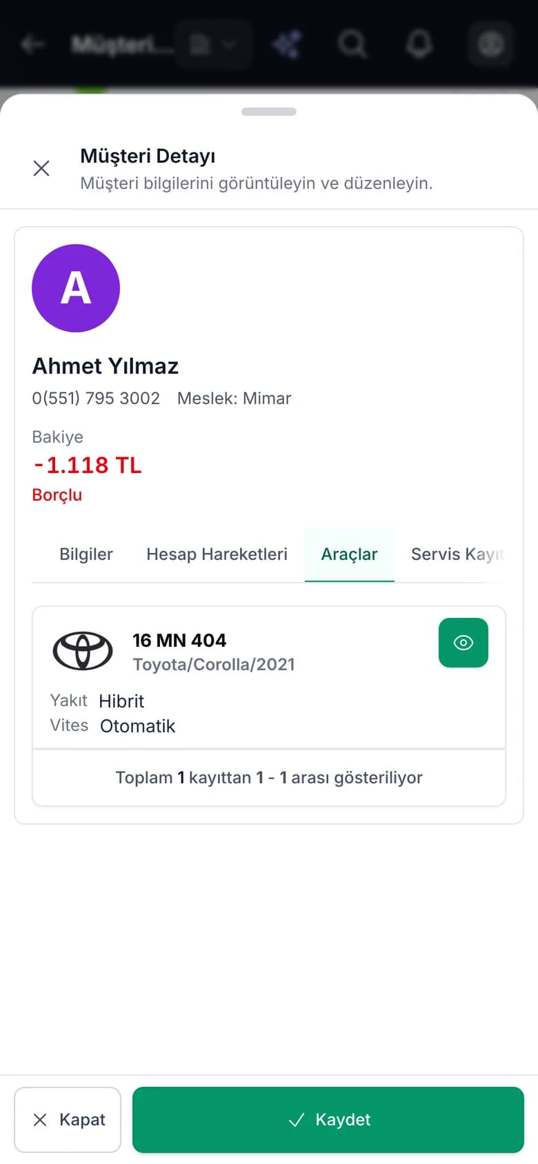 Carzi müşteri ve araç servis geçmişi (telefon görünümü)