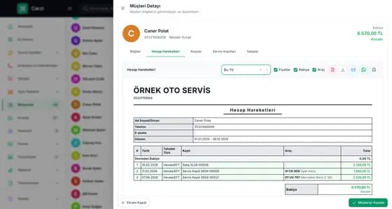 Carzi müşteri Hesap Hareketleri sekmesinde tarih aralığı seçili belge görünümlü ekstre ve bakiye
