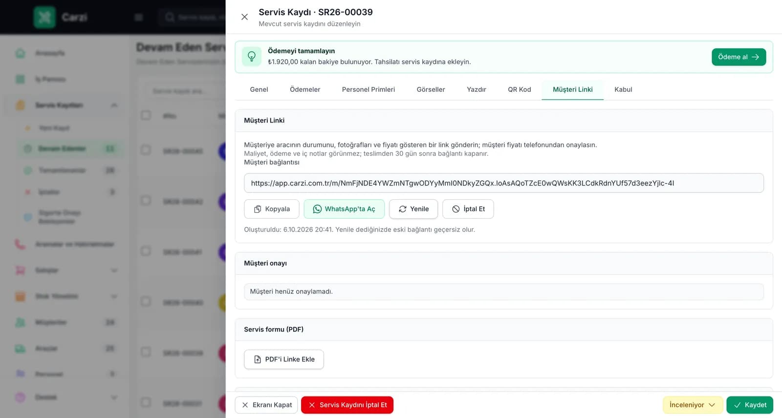 Carzi servis kaydında Müşteri Linki sekmesi, WhatsApp ile paylaşım ve müşteri onayı alanı