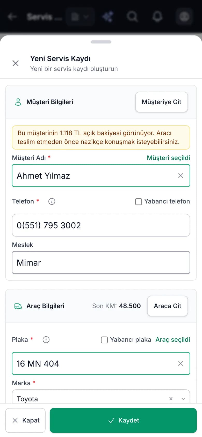 Carzi plaka ile akıllı araç kabul ekranı (telefon görünümü)