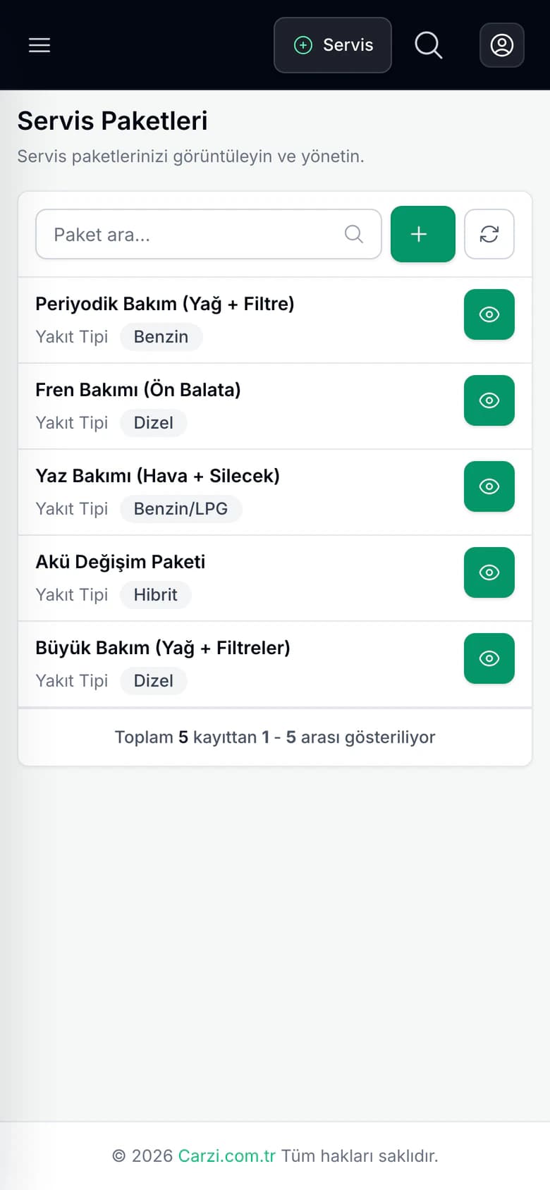 Carzi oto servis bakım paketleri listesi (telefon görünümü)