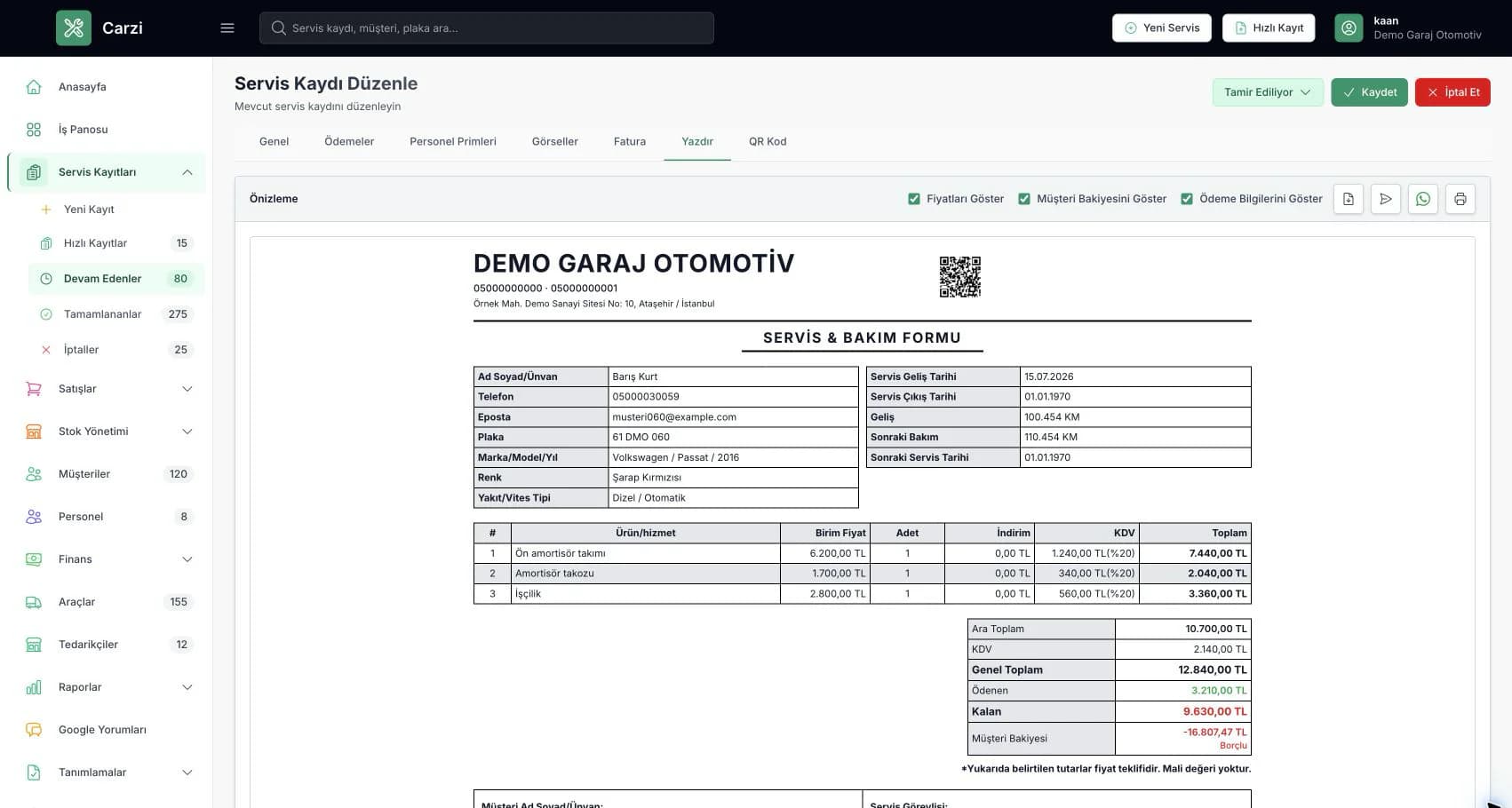 Carzi oto servis iş emri PDF önizlemesi