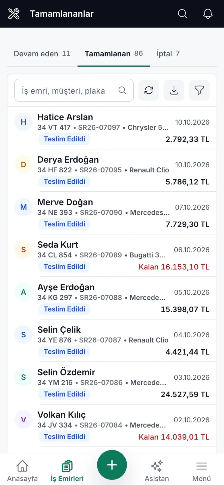 Carzi oto servis iş emri takip ekranı (telefon görünümü)