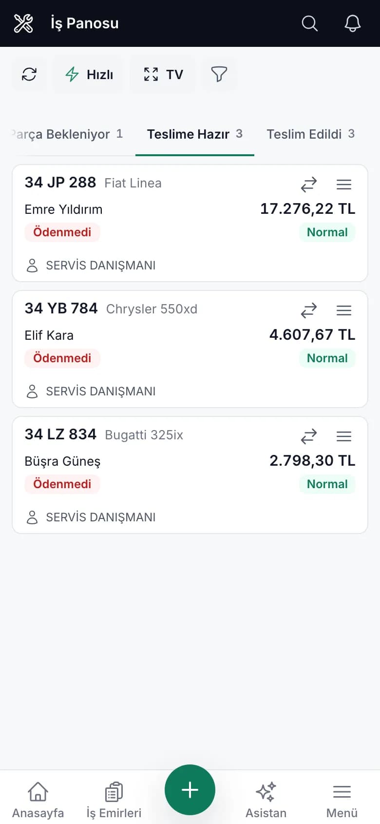 Carzi oto servis iş panosu kanban görünümü (telefon görünümü)