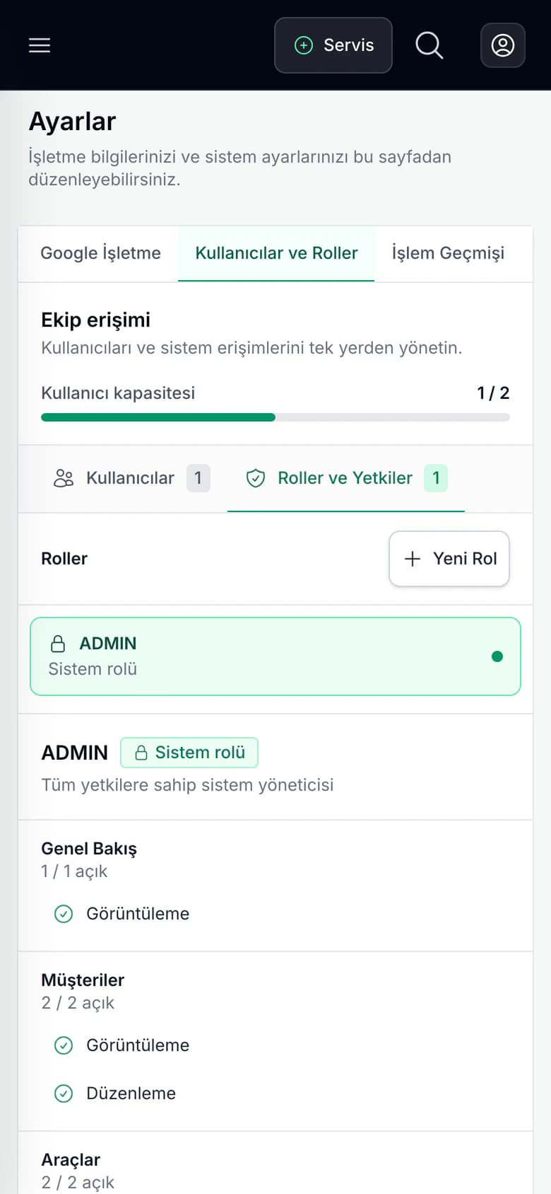 Carzi kullanıcı rol ve yetki yönetimi (telefon görünümü)