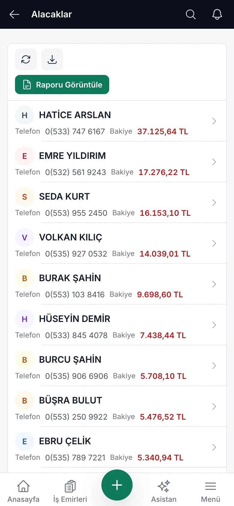 Carzi oto servis tahsilat takip programı (telefon görünümü)