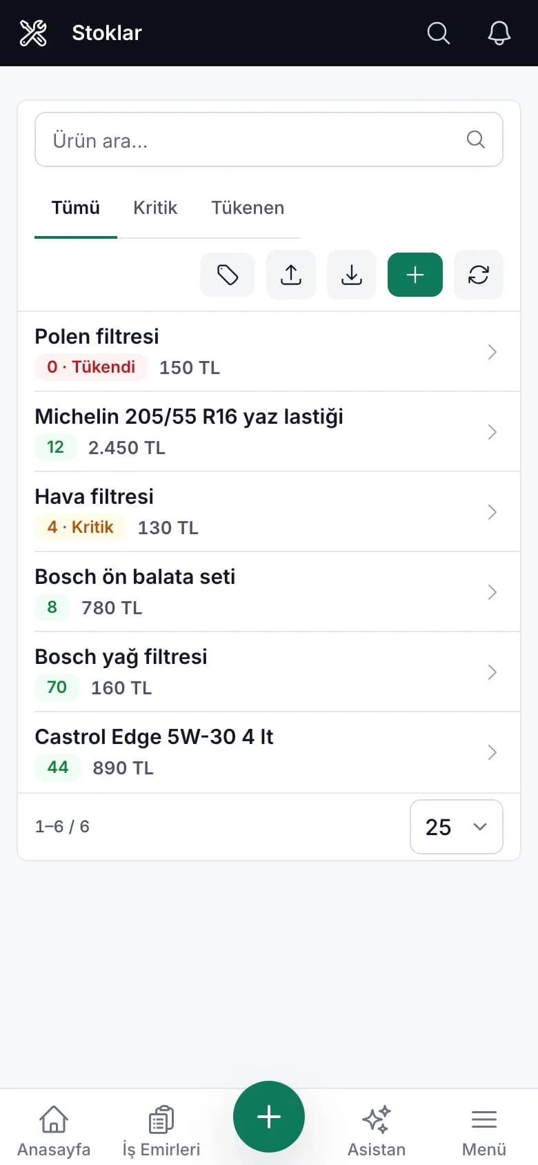 Carzi yedek parça stok takip ekranı (telefon görünümü)