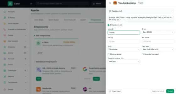 Carzi Trendyol bağlantısı çekmecesi: Satıcı ID, API Key, API Secret, depo, fiyat alanı, Fiyatı da gönder ve Siparişleri içeri aktar seçenekleri