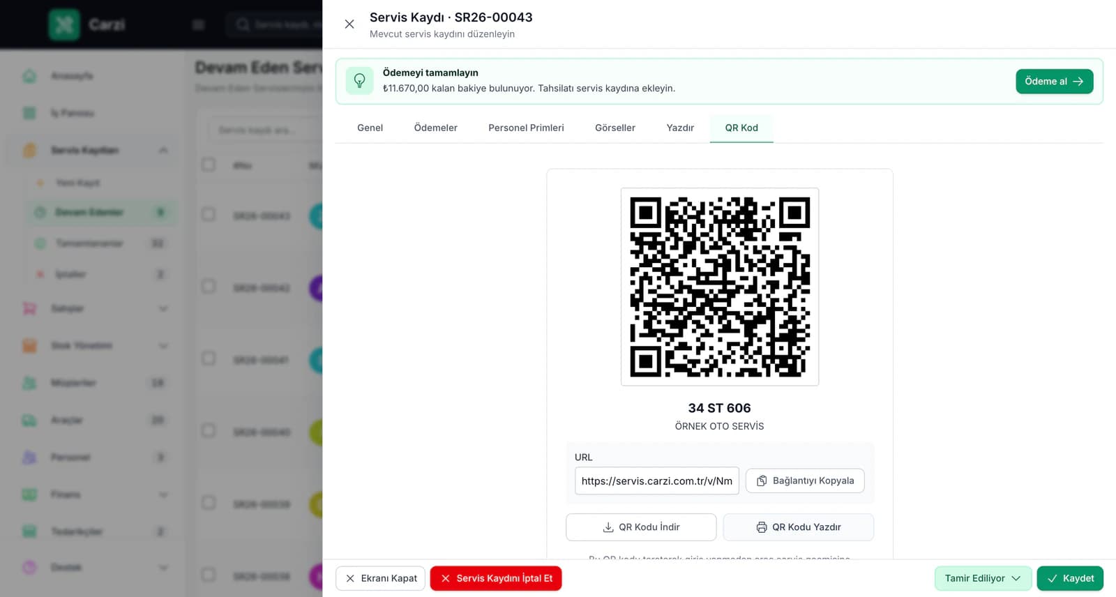 Carzi QR kod araç servis geçmişi ekranı