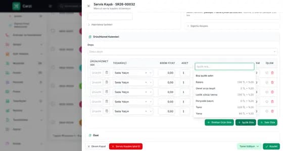 Carzi servis kaydında İşçilik Ekle seçicisi ile tanımlı işçiliklerin fiyat ve KDV listesi