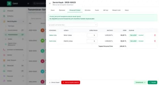 Carzi servis kaydı Personel Primleri sekmesinde işi yapan personel, prim oranı ve tahmini prim