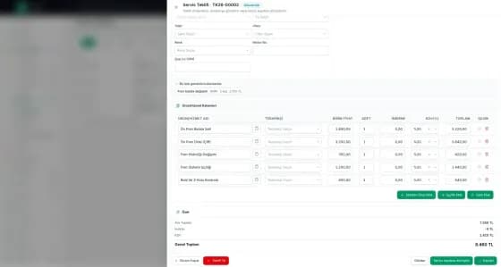 Carzi Servis Teklifi editörü: parça ve işçilik kalemleri, özet ve Gönder, Servis kaydına dönüştür düğmeleri; yanında müşterinin telefonunda kalem kalem Onayla ve Reddet ekranı