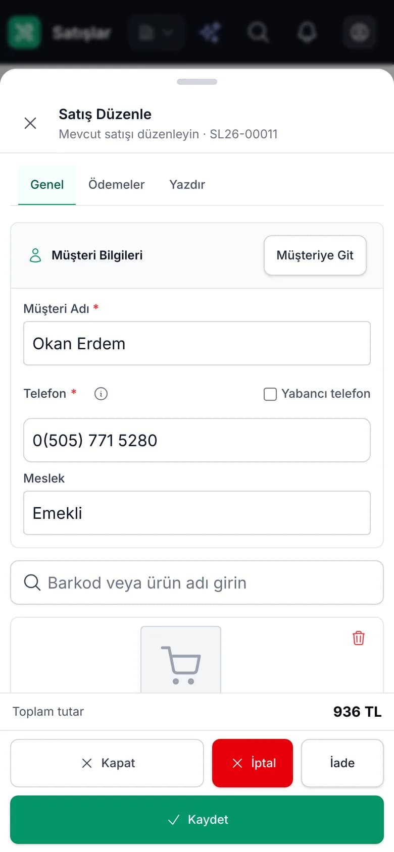 Carzi yedek parça satış kaydı detayı (telefon görünümü)