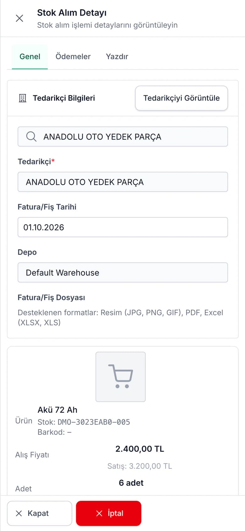 Carzi yedek parça stok alım detay ekranı (telefon görünümü)