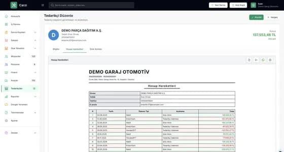 Carzi yedek parça tedarikçi borç takip ekranı