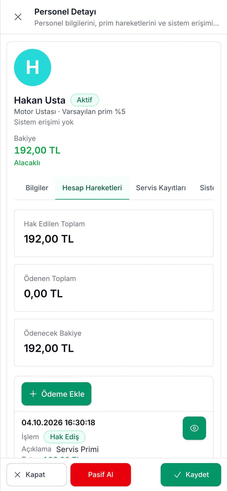 Carzi personel prim ve hakediş takip ekranı (telefon görünümü)