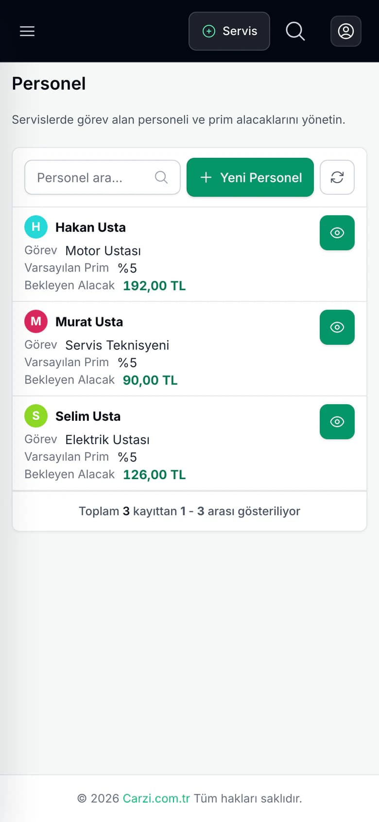 Carzi oto servis personel yönetimi ekranı (telefon görünümü)