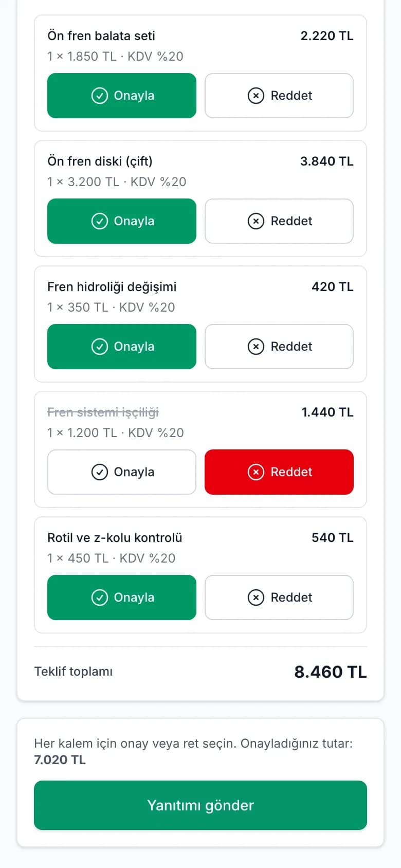 Carzi Servis Teklifi editörü: parça ve işçilik kalemleri, özet ve Gönder, Servis kaydına dönüştür düğmeleri; yanında müşterinin telefonunda kalem kalem Onayla ve Reddet ekranı (telefon görünümü)