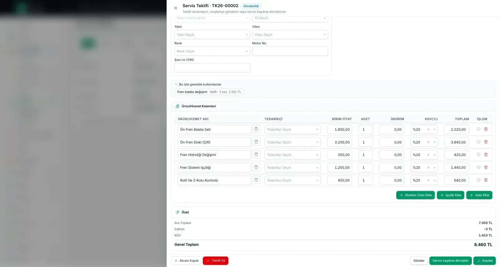Carzi Servis Teklifi editörü: parça ve işçilik kalemleri, özet ve Gönder, Servis kaydına dönüştür düğmeleri; yanında müşterinin telefonunda kalem kalem Onayla ve Reddet ekranı