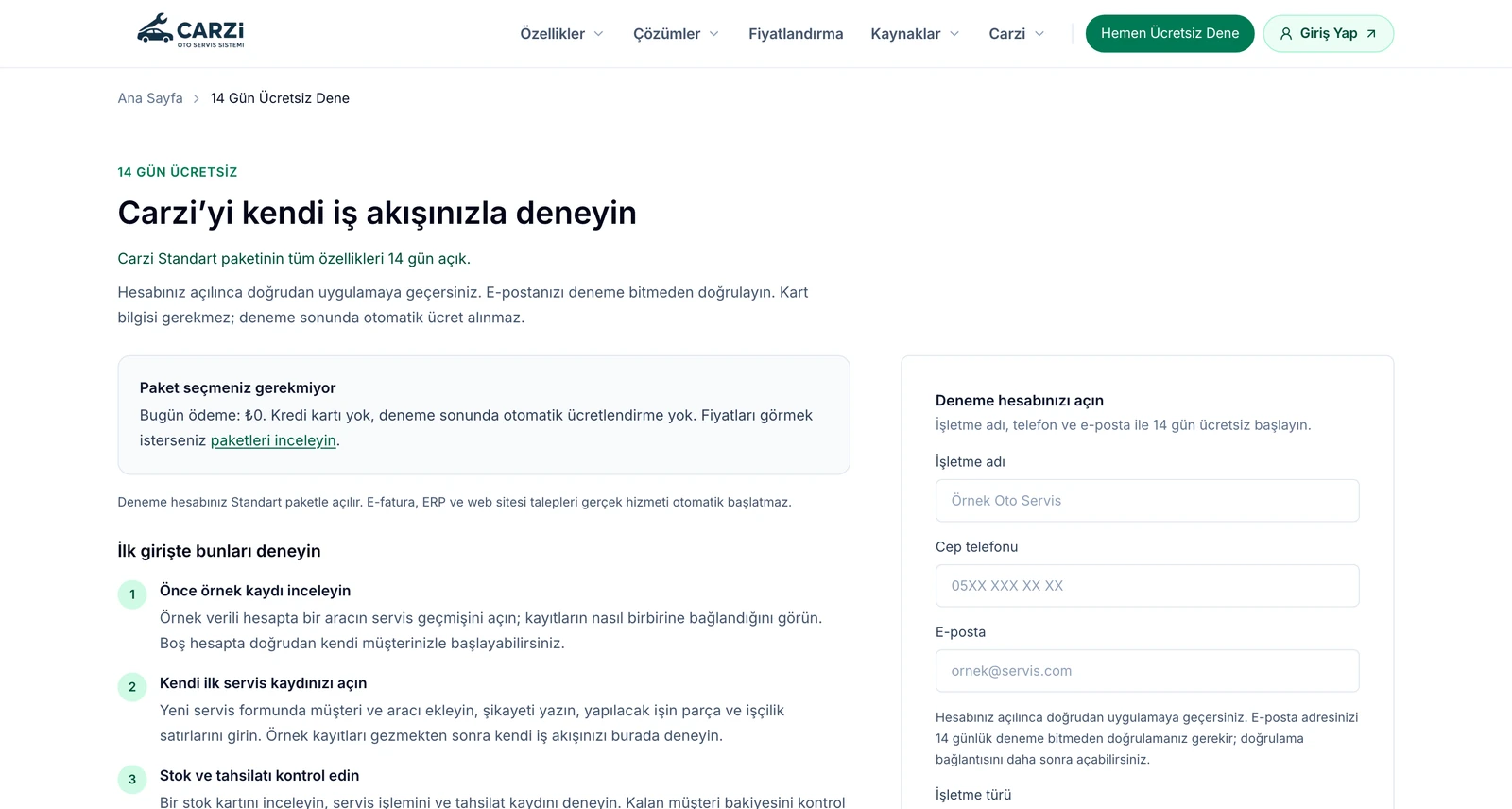 Carzi demo talep ekranı